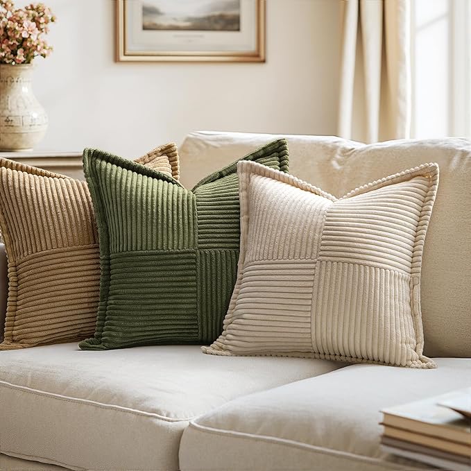 MIULEE Spring Decorative Throw Pillow Covers for Couch Bed Livingroom 20x20 Inch Set of 2 Olive Green Boho Accent Throw Pllows Broadside Striped Patchwork Soft Corduroy Summer Pillowcases