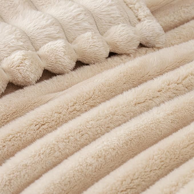 Exclusivo Mezcla Queen Size Flannel Fleece Blanket, Super Soft Striped Jacquard Bed Blanket, Lightweight Fuzzy Cozy for All Seasons, 90x90 Inches, Beige