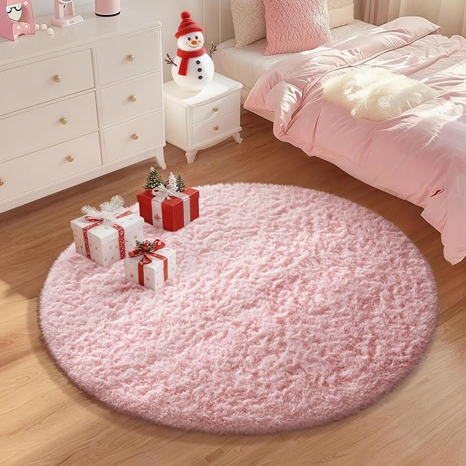 Ophanie Pink Round Rug for Bedroom Girls, Kids Fluffy Kawaii Fuzzy Shag Circle Circular Area Rugs, Cute Plush Christmas Small Carpet 4Ft 4 Foot, for Teen Baby Nursery Home Living Room Decor Aesthetic