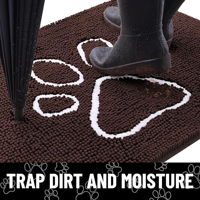 Smiry Dog Door Mat for Muddy Paws, Absorbent Dirt Trapper Non Slip Quick Dry Washable Chenille Mat for Mud Dogs, Entry Rug for Indoor and Outdoor (70x35 Inches, Brown and White)