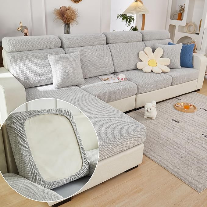 Couch Cushion Covers for Sofa Couch Covers Wear-Resistant Universal Sofa Cover Washable Stretch for Sectional Slipcovers (Texture-Light Gray,Chaise Cover)
