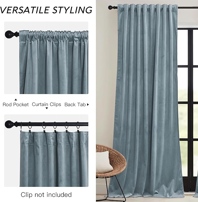 RYB HOME Stone Blue Velvet Curtains 90 inches Long - Blackout Curtains for Nursery Thermal Insulated Noise Reducing Soft Luxury Window Decor for Boy Baby, W52 x L90 inches, 2 Panels