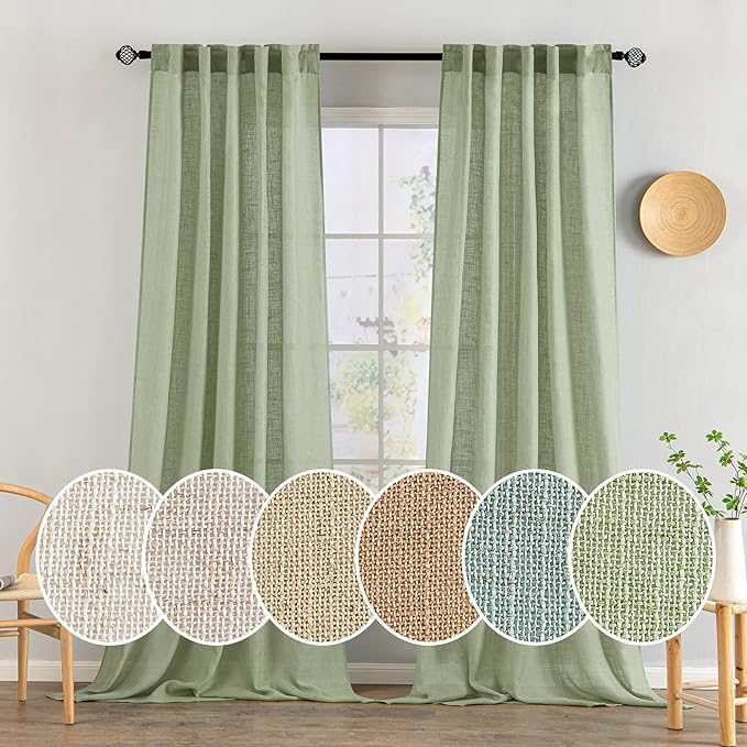 MIULEE Sage Green Linen Curtains 102 Inch Length 2 Panels for Bedroom Living Room, Soft Thick Linen Textured Window Drapes Semi Sheer Light Filtering Back Tab Rod Pocket Burlap Look Decor