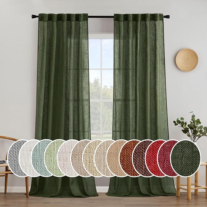 MIULEE Olive Green Linen Curtains 90 Inch Length 2 Panels for Bedroom Living Room, Soft Thick Linen Textured Window Drapes Semi Sheer Light Filtering Back Tab Rod Pocket Burlap Look Decor, W37xL90