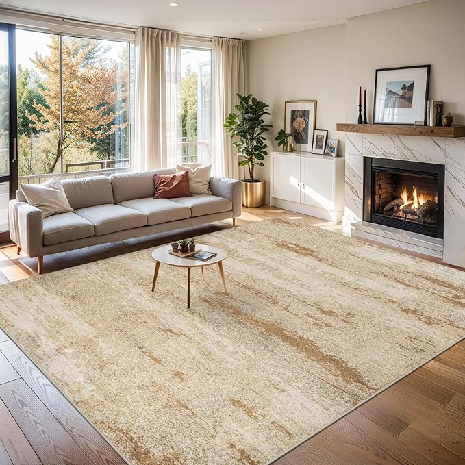 Area Rugs 10x12 Living Room - Washable Rug Modern Abstract Soft Large Neutral Non-Slip Carpet Indoor Floor Thin Carpets for Bedroom Dining Room Farmhouse Nursery Home Office Beige