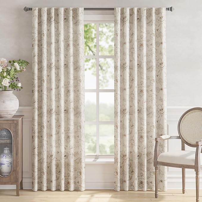 jinchan Linen Floral Curtains for Living Room 84 Inch Length Taupe Flower Curtain Rod Pocket Back Tab Farmhouse Curtains with Printed Floral Bedroom Window Curtain Set, 2 Panels Taupe