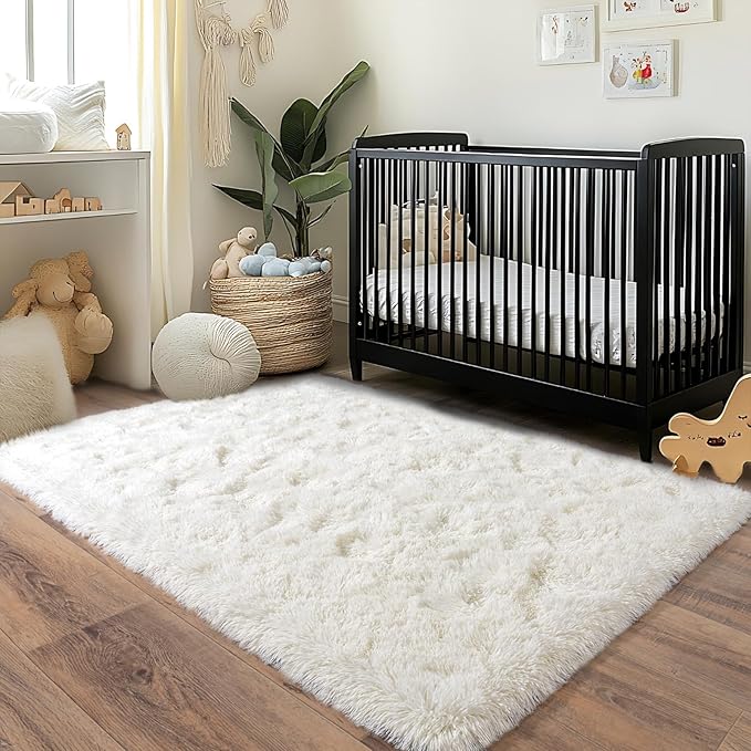 Pionblank Fluffy Area Rug for Bedroom 4x6 Feet, Indoor Plush Carpet, Shag Soft Bedside Rug, Cute Comfy Furry Rug for Living Room Dorm Girls Boys Room Nursery Decor, Cream White