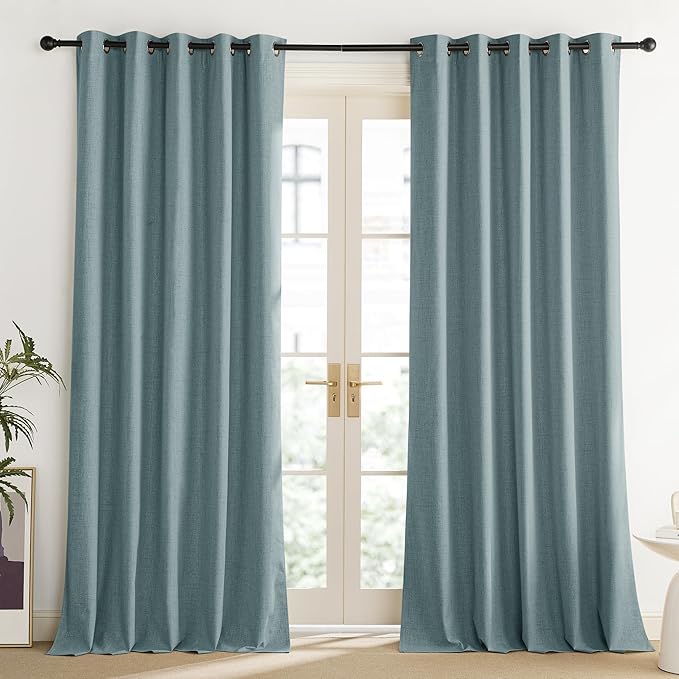 NICETOWN 100% Absolutely Blackout Linen Curtains with Thermal Insulated Liner, Skylark Blue, 62" Wide, 90" Length Energy Saving Curtains for Living Room 2 Panels Set, Vertical Blinds