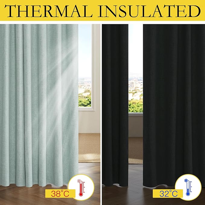 NICETOWN 100% Absolutely Blackout Linen Curtains with Thermal Insulated Liner, Seafoam Green, 62" Wide, 72" Length Energy Saving Curtains for Playroom 2 Panels Set, Vertical Blinds