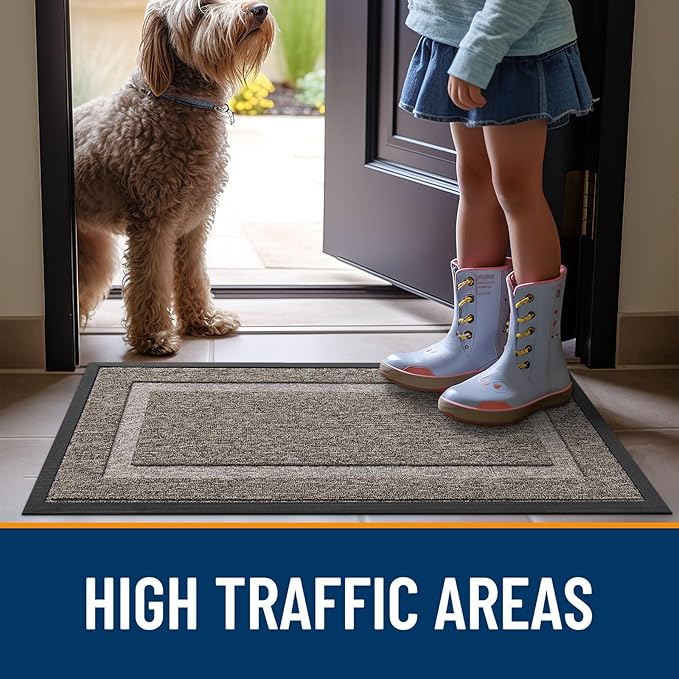 OLANLY Front Door Mat Indoor Outdoor Entrance, Waterproof All-Season, All-Weather Doormat, Sturdy Natural Rubber, Low Profile, Easy Clean Patio Porch Entryway Mat, 29.5x17, Khaki and White