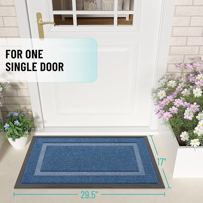 OLANLY Front Door Mat Indoor Outdoor Entrance, Waterproof All-Season, All-Weather Doormat, Sturdy Natural Rubber, Fade Resistant, Low Profile, Easy Clean Patio Porch Entryway Mat, 29.5x17, Light Blue