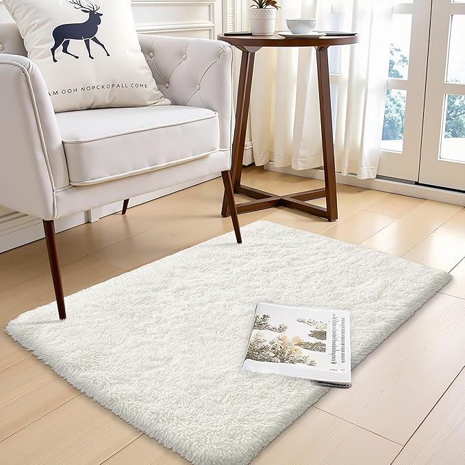 OLANLY 3x3 Machine Washable Small Bedside Rug, Soft Fluffy Shaggy Entryway Throw Rugs for Bedroom, Living Room, Indoor Floor Carpet for Kids Girls and Boys, Nursery Rooms, Home Decor Aesthetic, Ivory