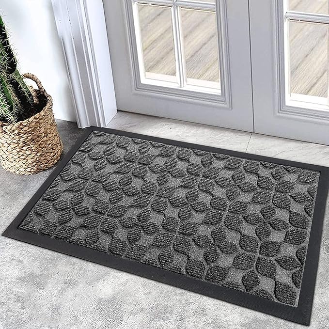 Bulijojo Sturdy Front Entrance Doormats,Durable Heavy Duty Welcome Mat,Thick Absorbent Natural Rubber Non Slip Mat,Easy Clean Entryway Mat Geometric Grey 23"x35"