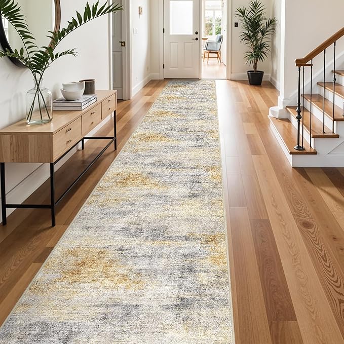 3x20 Washable Kitchen Runner Rug: Modern Abstract Runners for Hallway Soft Non Slip Rugs with Rubber Backing Low Pile Thin Floor Carpet for Entryway Bedroom Bathroom Bedside Indoor(Grey/Yellow,3x20)