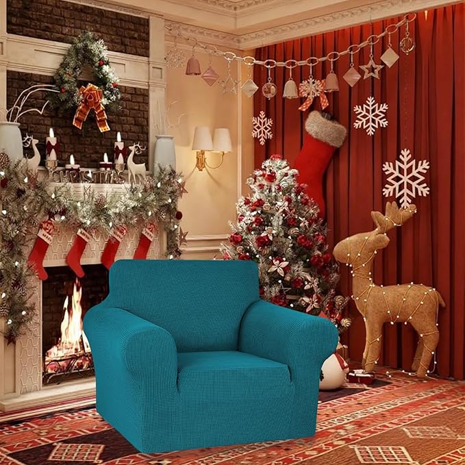 KEKUOU Stretch Single Sofa Slipcover 1 Piece Couch Sofa Cover (31"-55") Furniture Protector 1 Seater Sofa with Elastic Bottom for Kids,Pet.Jacquard Small Checked Pattern Fabric(Small,Peacock Blue)