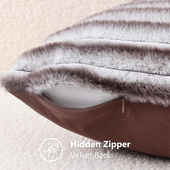 decorUhome Cozy Faux Fur Throw Pillow Covers 20x20 Set of 2 Decorative Soft Plush Striped Modern Farmhouse Boho Couch Pillow Cases with Velvet Back for Sofa Bed Living Room, Brown White
