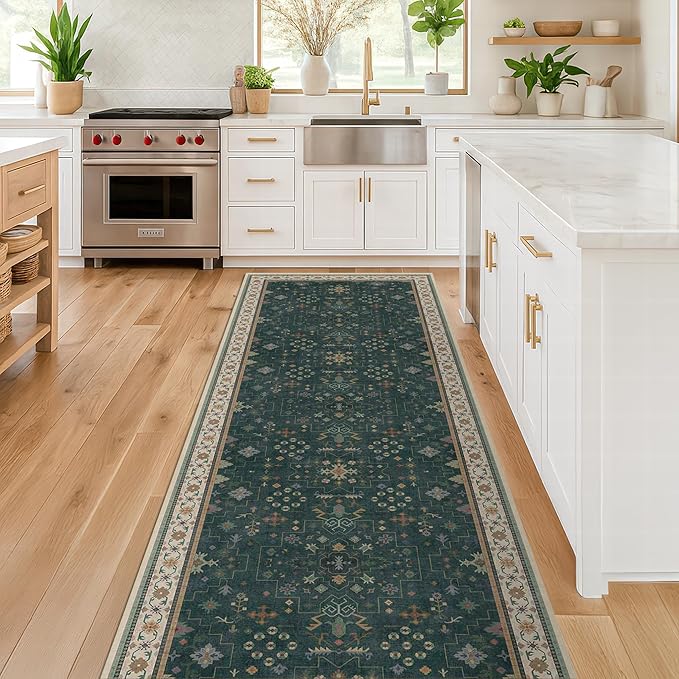 Dark Green Washable Kitchen Runner Rug, 2'6"x8' Wide & Long Non-Slip Rubber Backing Runner for Hallways, Stain Resistant Rugs for Entryway