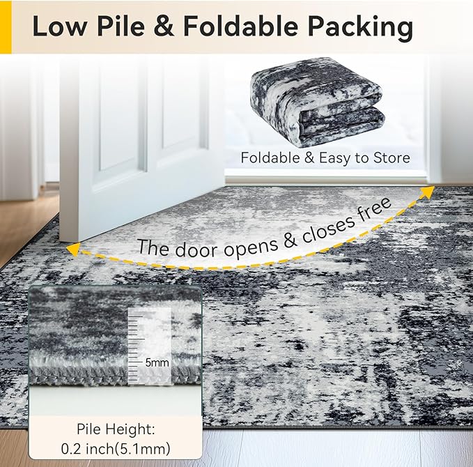 Washable Area Rugs 9'x12' Non-Slip Modern Abstract Soft for Living Room Entryway Bedroom Nursery, Print Pattern, Black Navy Blue Gray