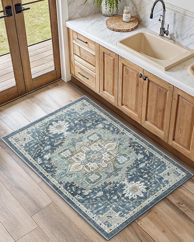 AMADA HOMEFURNISHING 2x4 Washable Area Rug, Low-Profile Entryway Rug with Non-Slip Backing & Durable Edge Binding, Vintage Rug Pattern, Small Rugs for Entryway, Kitchen & Living Room