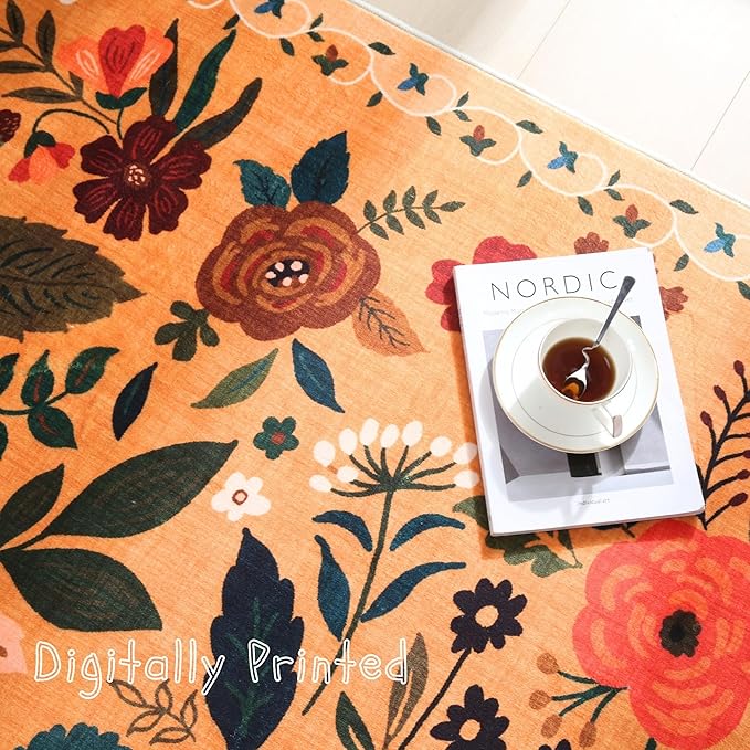 Rugcomf Round Rug 4ft Washable Circle Rug Non Slip Low Pile Boho Floral Small Circular Rug for Bedroom, Bathroom, Entryway, Kids Room, Office, College Dorm(Yellow)