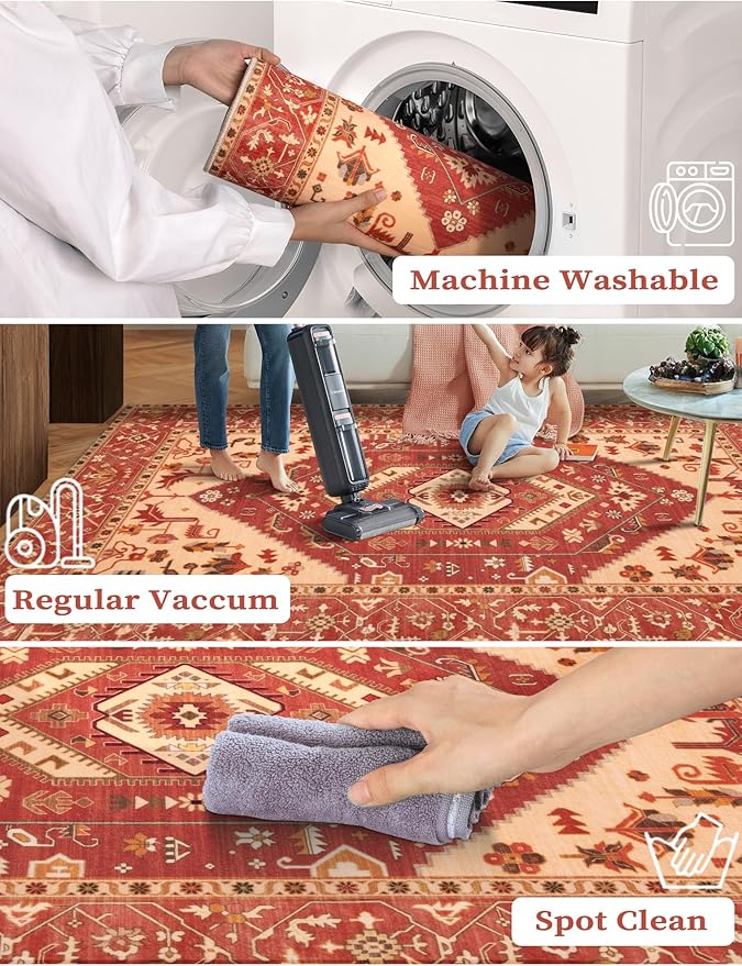 SERISSA Boho Washable Runner Rug, 2x6 Rug Runner Non-Slip Vintage Red Hallway Kitchen Runner Rug Ultra Soft Print Distressed Floor Carpet Runner for Bedroom Bathroom Laundry Living Room