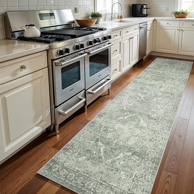 Washable 3x12 Runner Rug - Non-Slip Vintage Runner Rug for Entryway Low-Pile Medallion Long Rugs for Hallway Waterproof Traditional Runner Rugs Indoor Thin Rug for Kitchen (Muted Sage Green)