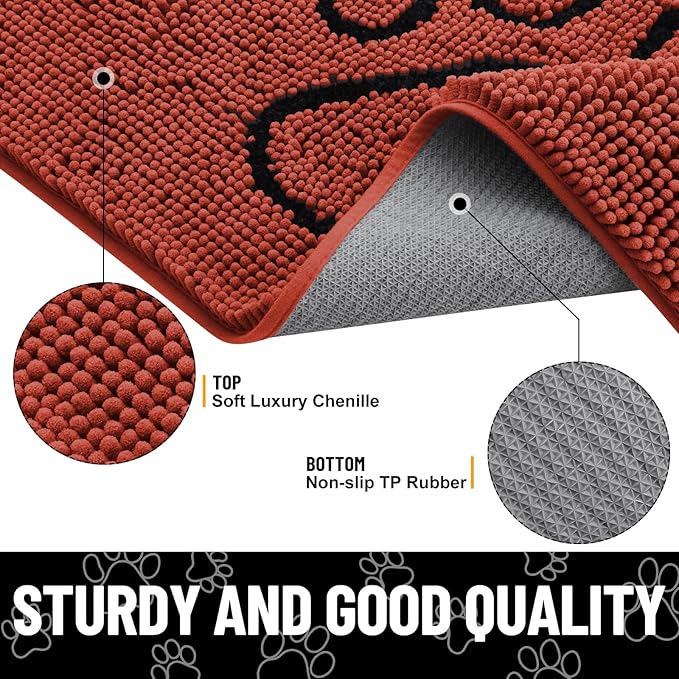 Smiry Dog Door Mat for Muddy Paws, Absorbent Dirt Trapper Non Slip Quick Dry Washable Chenille Mat for Mud Dogs, Entry Rug for Indoor and Outdoor (48x30 Inches, Maple Red and Black)