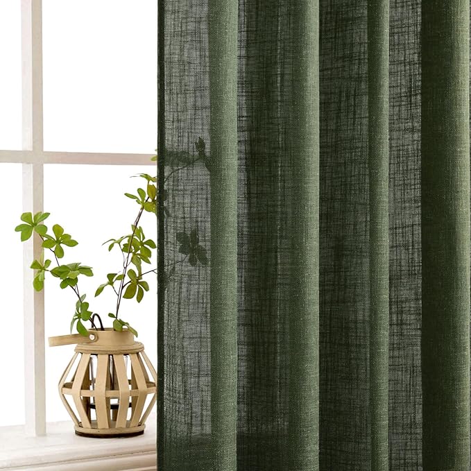 MIULEE Olive Green Linen Curtains 90 Inch Length 2 Panels for Bedroom Living Room, Soft Thick Linen Textured Window Drapes Semi Sheer Light Filtering Back Tab Rod Pocket Burlap Look Decor, W37xL90