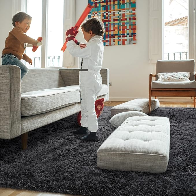 Amearea Premium Soft Fluffy Rug Modern Shag Carpet, 5.3x7.5 Feet, Fuzzy Plush Rugs for Living Room Bedroom Kids Room Home Decor, Nursery Non Slip Indoor Shaggy Carpets, Dark Grey