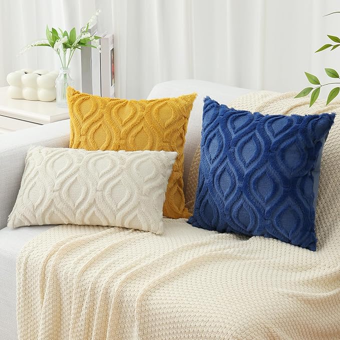 decorUhome Throw Pillow Covers 12x20 Inch Set of 2, Soft Plush Faux Wool Dark Blue Solid Couch Pillow Covers, Accent Farmhouse Neutral Rectangle Pillow Cases for Sofa Bed Living Room