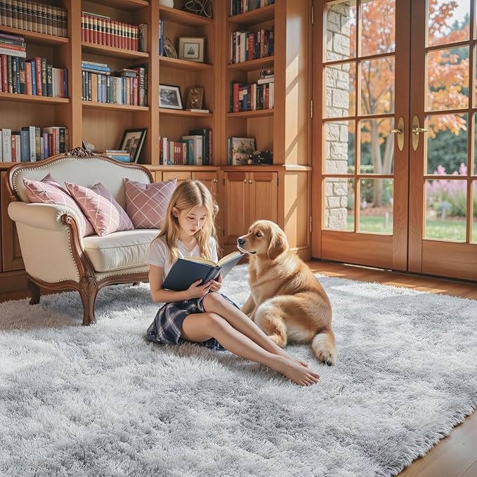 Super Soft Shaggy Area Rugs for Bedroom 4x6 Feet, Shaggy Plush Living Room Shag Furry Floor Rugs, Non-Shedding Indoor Rugs for Living Room Decor(4 x 6, Light Grey Tie-Dyed)