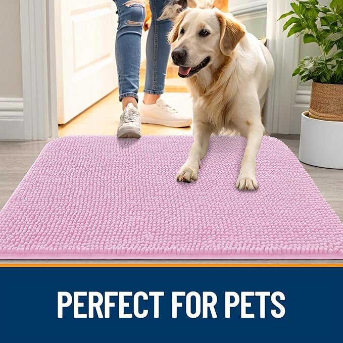 OLANLY Dog Door Mat for Muddy Paws 70x35, Absorbs Moisture and Dirt, Absorbent Non-Slip Washable Doormat, Quick Dry Chenille Mud Mat for Dogs, Entry Indoor Entryway Carpet for Inside Floor, Pink