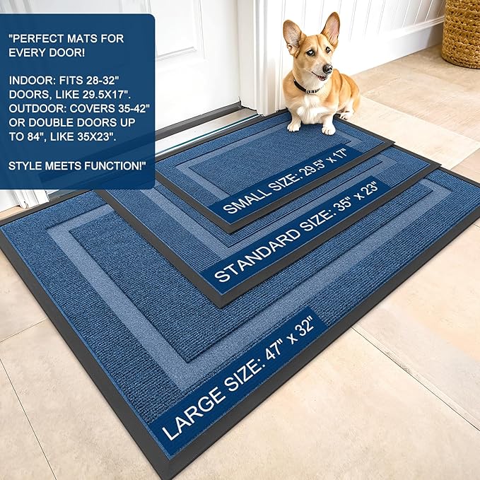 OLANLY Front Door Mat Indoor Outdoor Entrance, Waterproof All-Season, All-Weather Doormat, Sturdy Natural Rubber, Fade Resistant, Low Profile, Easy Clean Patio Porch Entryway Mat, 47x17, Light Blue