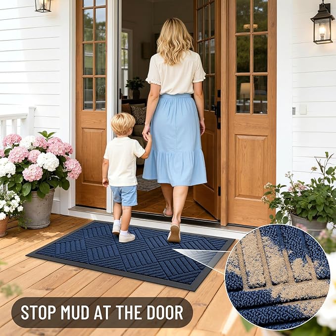 OLANLY Front Door Mat Outside Entrance 47x17, Absorbent, Heavy Duty Sturdy Natural Rubber Doormat Indoor Outdoor, Stain Fade Resistant, Non-Slip Low Profile Floor Mat for Entryway, Navy Blue Diamond