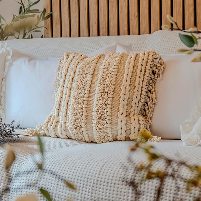 Decorative Boho-Chic Square Pillow Cover 18x18 Handwoven Tufted Braided Cotton Accent Pillows, Neutral Throw Cushion for Couch, Sofa or Bed, Farmhouse & Bohemian Home Decor, Trendy USA Design