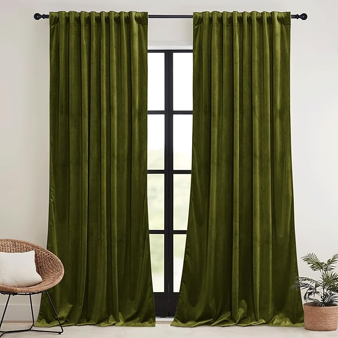 RYB HOME Moss Green Velvet Curtains 72 inches with Hook Belt, Soft Fabric Room Darkening Thermal Insulated Luxurious Home Decor Curtains for Living Room Bedroom, W 42" x L 72", 2 Panels Set