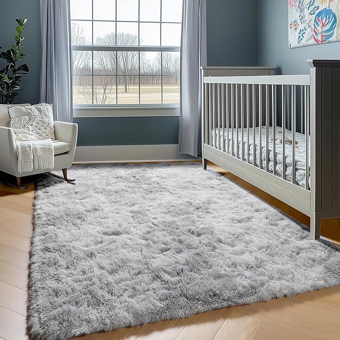 ONASAR Area Rugs for Bedroom Living Room, 4x6 Tie-Dyed Light Grey Fluffy Shaggy Bedside Throw Rug, Indoor Soft Plush Floor Carpet for Nursery Kids Girls Boys Teen Dorm Home Office Decor Aesthetic