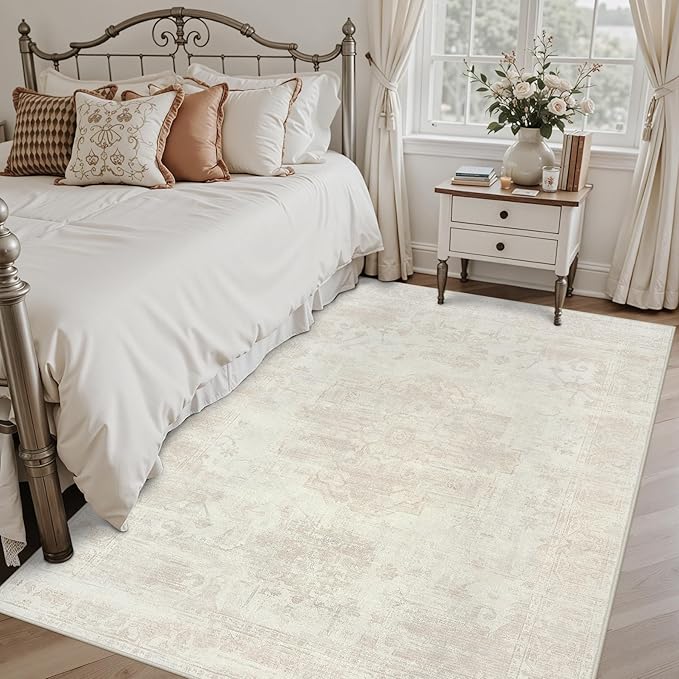 6x9 Area Rugs for Living Room: Vintage Boho Neutral Washable Rug Indoor Soft Large Area Rug Carpet for Bedroom Nursery Farmhouse Dining Room Office Floor Non-Slip Low Pile Under Table Rug Cream Beige