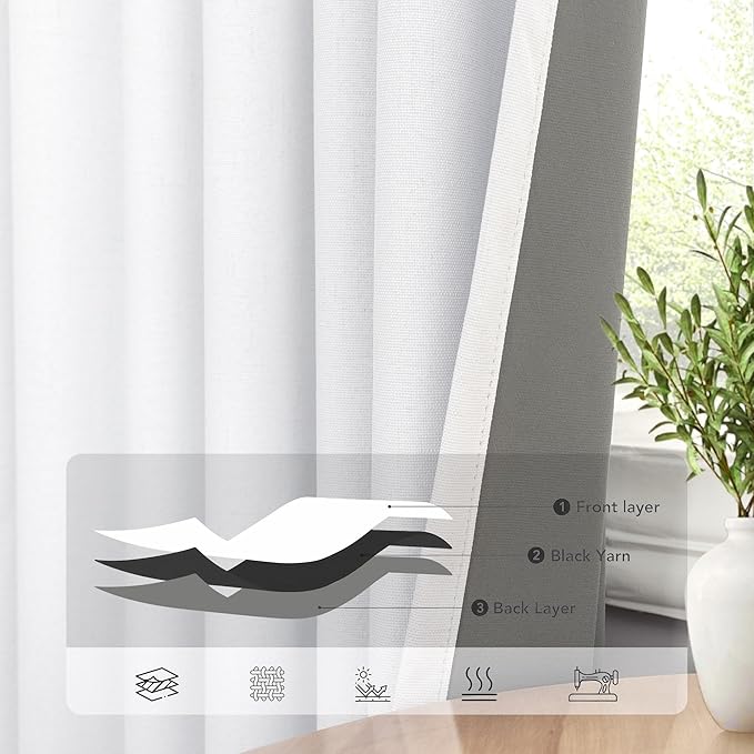 White Blackout Curtains 96 Inches Long 2 Panel Burg for Bedroom Thermal Insulated Total Black Out Boho Extra Wide Window Drape for Living Room Thick Linen Textured Soundproof Back Tab 8ft 52x96 Length