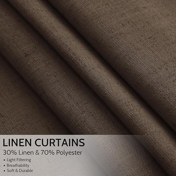 Nanspring Chocolate Linen Blend Light Filtering Back Tab Curtains 96 Inches Long, Semi Sheer Privacy Drapes for Living Room & Bedroom, 52x96 inch, 2 Panels