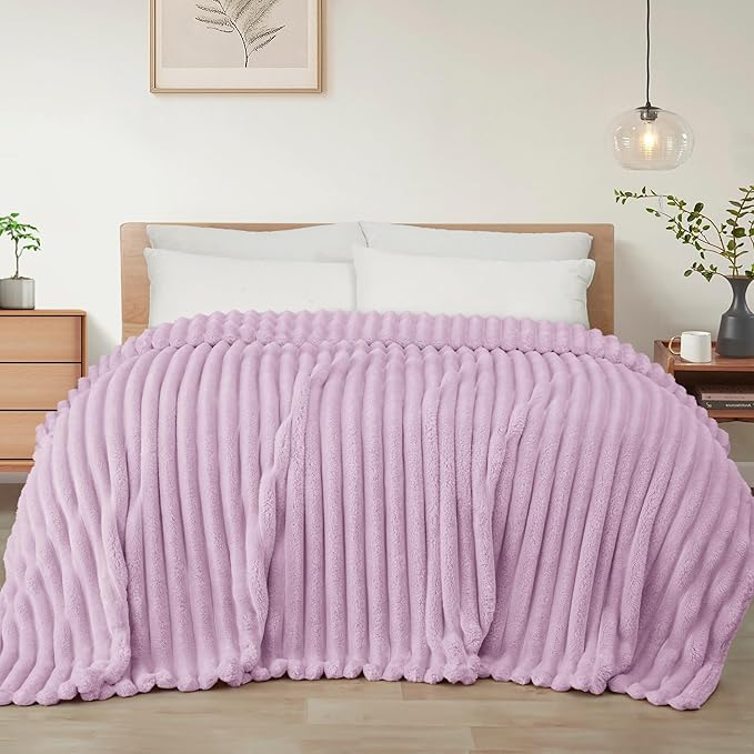 Exclusivo Mezcla King Size Flannel Fleece Blanket, Super Soft Striped Jacquard Bed Blanket, Lightweight Fuzzy Cozy for All Seasons, 90x104 Inches, Lilac Purple