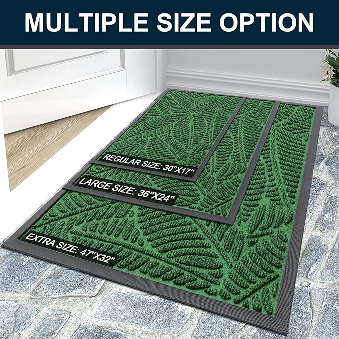 Colorxy Waterproof Doormat, Sturdy Natural Rubber Front Indoor Mat, Non Slip Low Profile Indoor Outdoor Door Mats, Stain and Fade Resistant Floor Mat, Easy Clean Patio Entrance Mat, 30''x17'', Green