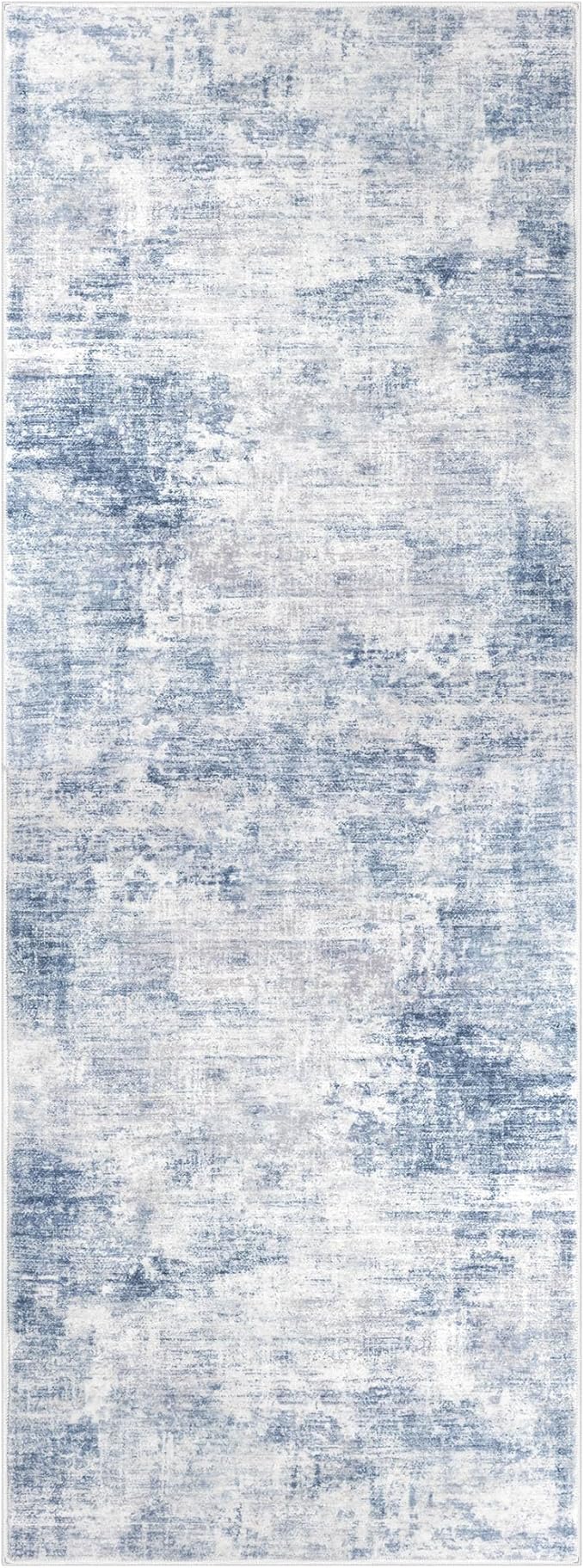 IOHOUZE Abstract Runner Rug 3x8 Ft Washable Runners for Hallways, Non Slip Kitchen Runner Printed Faux Wool Entryway Runners Indoor, Modern Abstract Floor Carpet for Hall Bedroom, Light Blue Grey