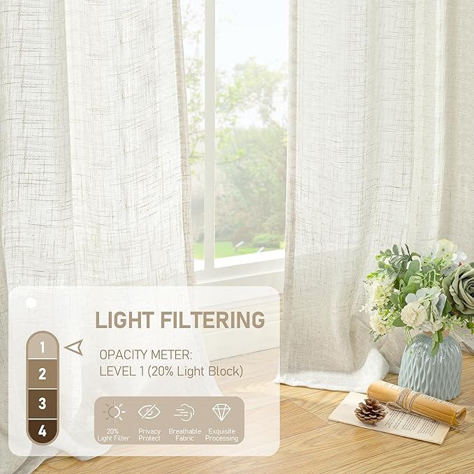 LAMIT Semi Sheer Linen Window Curtains 63 Inch Length, Light Filtering Neutral Curtain Panels Farmhouse Back Tab and Rod Pocket Drapes for Bedroom, Cream Ivory, 2 Panels, 52 x 63 Inch