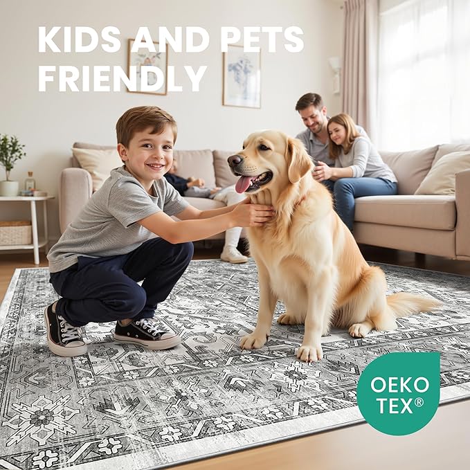 zesthome 6x9 Area Rug, Super Soft Washable Rugs for Living Room, Non-Slip Stain Resistant Vintage Rugs, Ultra-Thin Large Area Rugs (Grey/White,6'x9')