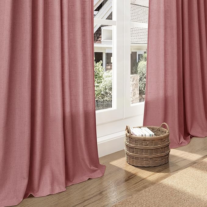 Canyon Rose Linen Curtains 108 Inches Long for Living Room 2 Panels Set Extra Long Back Tab Curtain Semi Sheer Light Filtering Dusty Rose Drapes Floor to Ceiling Curtains for Large Windows 52x108