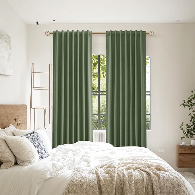 Guken Olive Green 100% Blackout Curtains 63 Inch Length 2 Panels Set for Living Room Bedroom Back Tab Thermal Insulated Black Out Linen Drapes Room Darkening Window Curtains 63 Inches Long