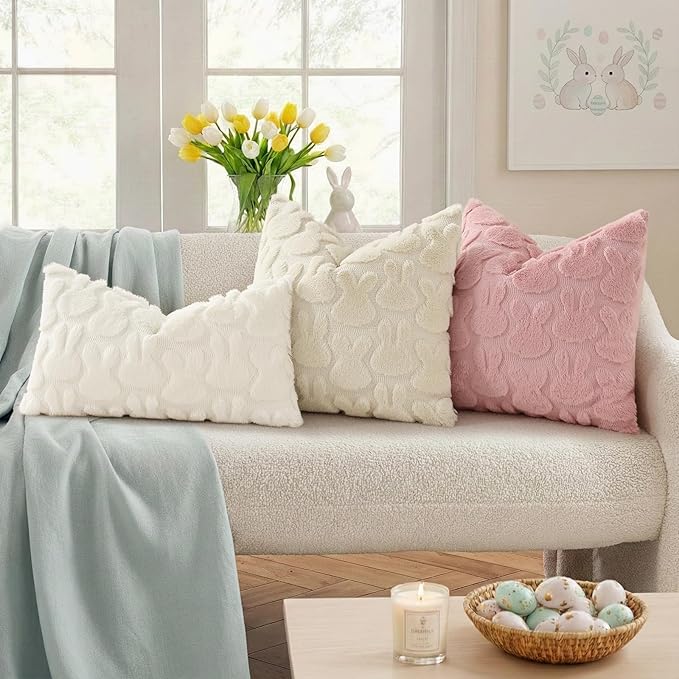 decorUhome Easter Bunny Pillow Covers 12x20 Inch Set of 2, Soft Plush Faux Wool Jacquard Cream White Rabbit Cushion Covers, Farmhouse Neutral Spring Easter Holiday Decor for Couch Sofa Bed