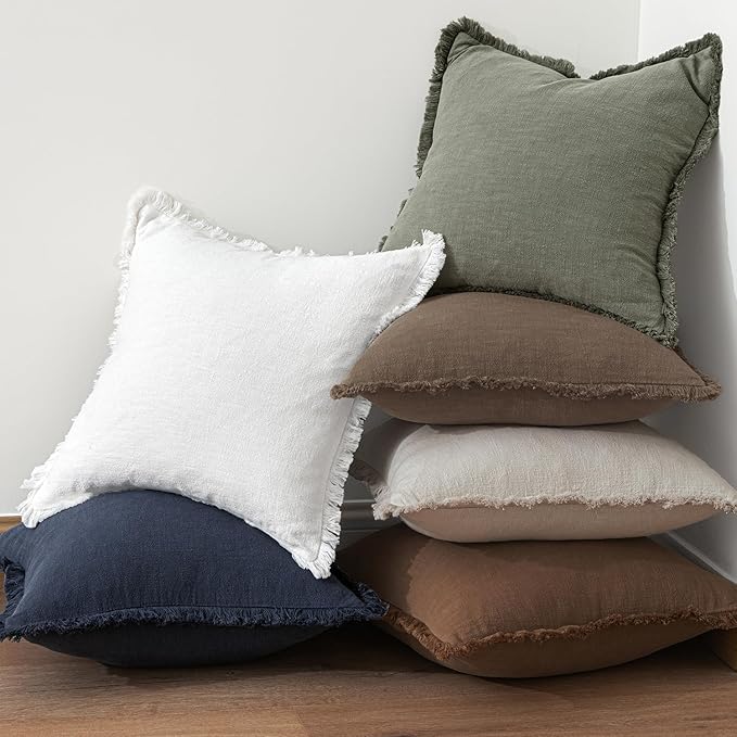 MIULEE Decorative Throw Pillow Covers Neutral Linen Fringe Throw Pillows Set of 2 Cocoa Brown Boho Farmhouse Cushion Covers for Couch Sofa Bed Living Room Spring Home Decor 20x20 Inch