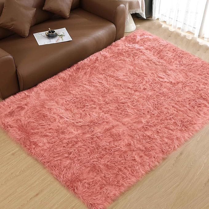 Goolela Pink Area Rug 6x9 Fluffy Fuzzy Furry Sheepskin Rug for Girls Bedroom Faux Fur Shag Carpet Soft Plush Rectangle